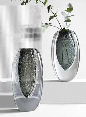 热销欧式简约手工吹玻璃花瓶高品质厚底灰色气泡制软装样板房客厅