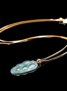 高档天然A货翡翠蓝水树叶吊坠18K金扣头冰种玉石挂件花件女款玉坠