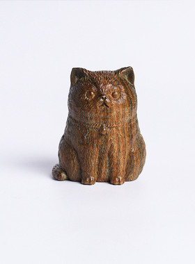 纯然绿檀木原木雕刻招财猫摆茶宠可爱茶桌饰文玩手把件木质工艺品