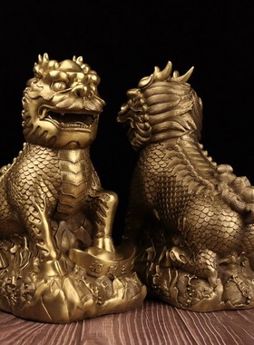 一对麒麟摆件精工护宝麒麟纯铜吉祥平安大小号麒麟家居客厅工艺品