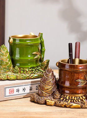 复古国风竹竹高升笔筒摆件老板办公室装饰品送领导老师礼物品