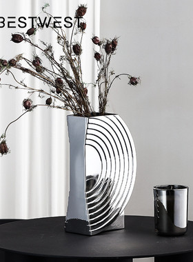 热销博西家居简约几何轻奢银色玻璃花瓶家居插花花器电镀软装摆件