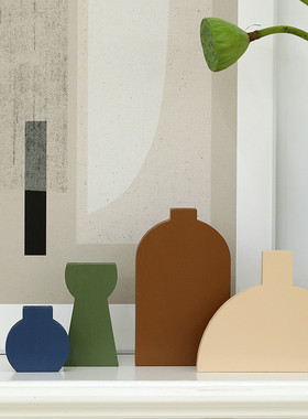 jw莫兰迪色系摆件简约玄关装饰品客厅木质软装组合ins风花瓶道