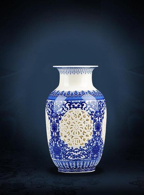 青花花瓶欧式奢华陶瓷工艺品慕莲客厅书房样板房摆件镂空
