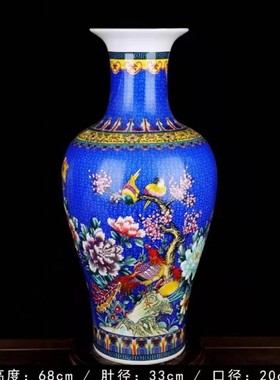 新款陶瓷花瓶摆件大号绿色花鸟鱼尾瓶落地花瓶装饰工艺品摆设