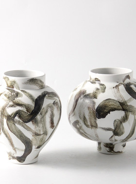 热销简约创意手绘陶瓷花瓶客厅样板间水墨陶罐花器售楼处餐桌装饰