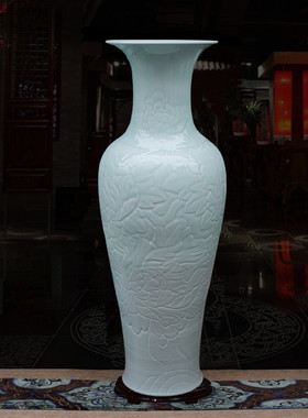 景德镇陶瓷器大花瓶雕刻影落地荷花牡丹1米青瓷客厅装饰大号摆件