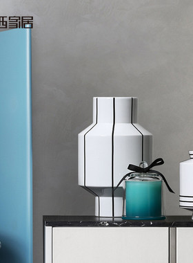 热销博西家居简约软装线条陶瓷花瓶摆件客厅玄关花器黑色饰工艺品