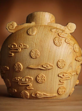 太行崖柏祥云财神摆件圆款祥云禄星手把件实木雕刻财神爷桌面饰品