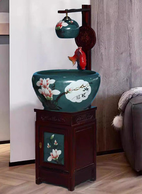 景德镇陶瓷鱼缸盆流水喷泉客厅摆件柜式带灯造景加湿器落地鱼循环