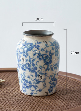 新中式青花瓷裂纹客厅复古冰陶瓷花瓶摆件感复古插花花瓶花器镶嵌