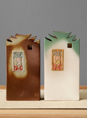 热销创意粗陶花瓶陶瓷花瓶建筑风格复古粗陶花插徽派花器家居摆件