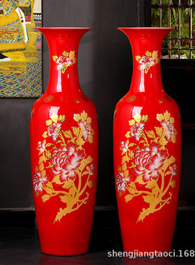 景德镇陶瓷器中国红落地大花瓶中式客厅电视柜家居装饰酒店高摆件