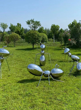 热销不锈钢镜面蚂蚁雕塑金属镂空仿真彩绘昆虫装饰景观林草坪公园