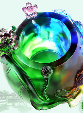 淄博琉璃装饰笔筒办公室桌面装饰摆件家居客厅工艺品创意实用荷花