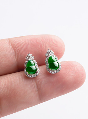 S925银镶嵌天然A货翡翠葫芦阳绿冰种玉石耳钉时尚耳饰女士款饰品