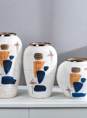 景德镇手绘陶瓷花瓶摆件器抽象白色花瓶客厅插花干花北欧中式家居