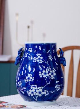 景德镇陶瓷花瓶青花喜上眉梢蓝色瓷瓶客厅摆件新中式装饰品博古架