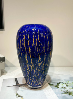 新古典轻奢蓝炸纹琉璃花瓶家居办公室酒店大堂摆件样板间高级装饰