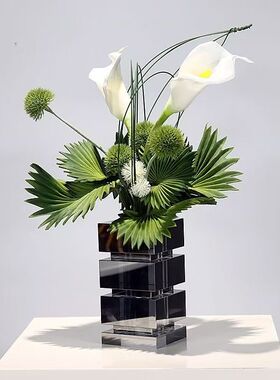 现代轻奢方形叠层水晶花器摆件售楼处酒店玄关仿真花艺软装样板间