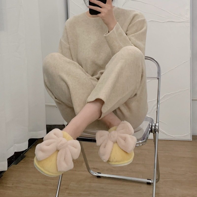 毛毛拖鞋女韩国时尚室内居家用秋冬毛绒绒蝴蝶结保暖温柔棉拖鞋女,淘宝优惠券,粉丝福利购,淘宝优惠卷