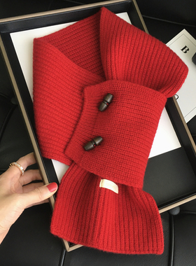冬季新款韩国纽扣设计纯色WOOL100%纯色羊毛围巾护颈保暖交叉围脖