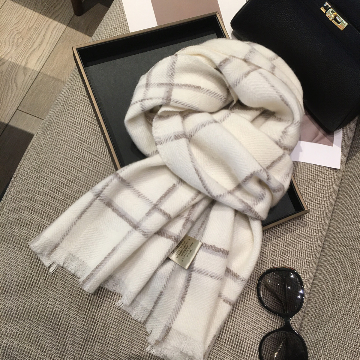 澳洲纯羊毛WOOL100%羊绒围巾百搭小香风编织格纹披肩两用保暖围脖,淘宝优惠券,粉丝福利购,淘宝优惠卷