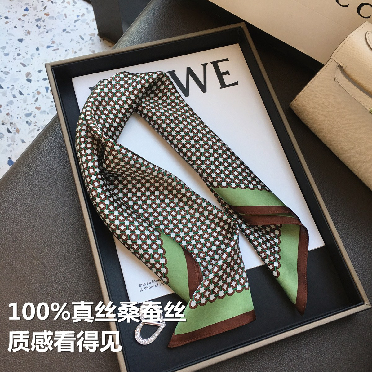 韩国春季拼色圆圈100%桑蚕丝丝巾职业装饰领巾真丝围巾53cm小方巾 - 图1