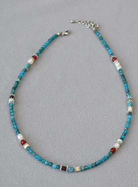 复古小众孔雀蓝珍珠项链镀金女