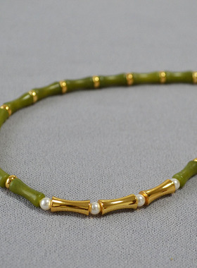 时尚国潮玉石黄铜镀金锁骨链女