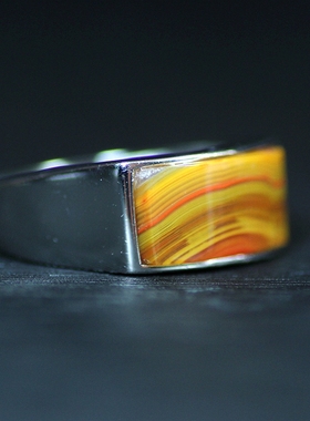 天然北票战国红玛瑙艳红黄满缠丝银镶嵌马鞍戒指指环戒指圈礼品