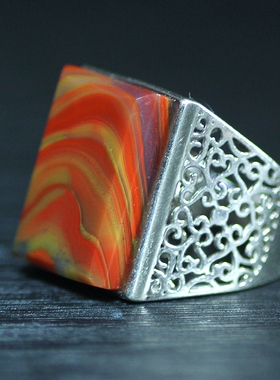 北票战国红满丝方戒面银戒指指环