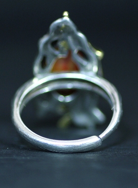 天然北票战国红玛瑙艳红黄满闪丝老料女款925镶嵌戒指指环镶嵌面