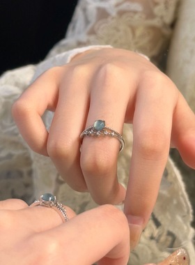 天然危料蓝水翡翠设计款戒指s925纯银镶嵌高级小众轻奢网红爆款