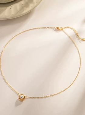 女气质百搭锁骨链18K金不锈钢吊坠INS风法式复古项链镶嵌珍珠项链