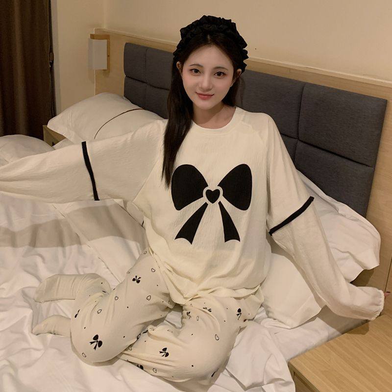 可爱蝴蝶结睡衣女款长袖云朵棉带胸垫休闲宽松家居服两件套可外穿,淘宝优惠券,粉丝福利购,淘宝优惠卷
