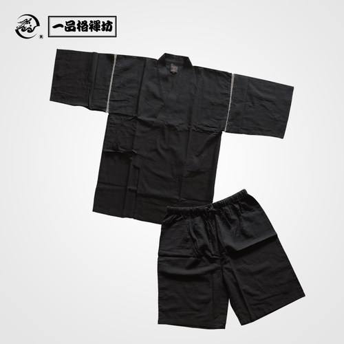 日式春夏秋甚平浴衣短袖套装居家服宽松睡衣（纯黑） - 图3