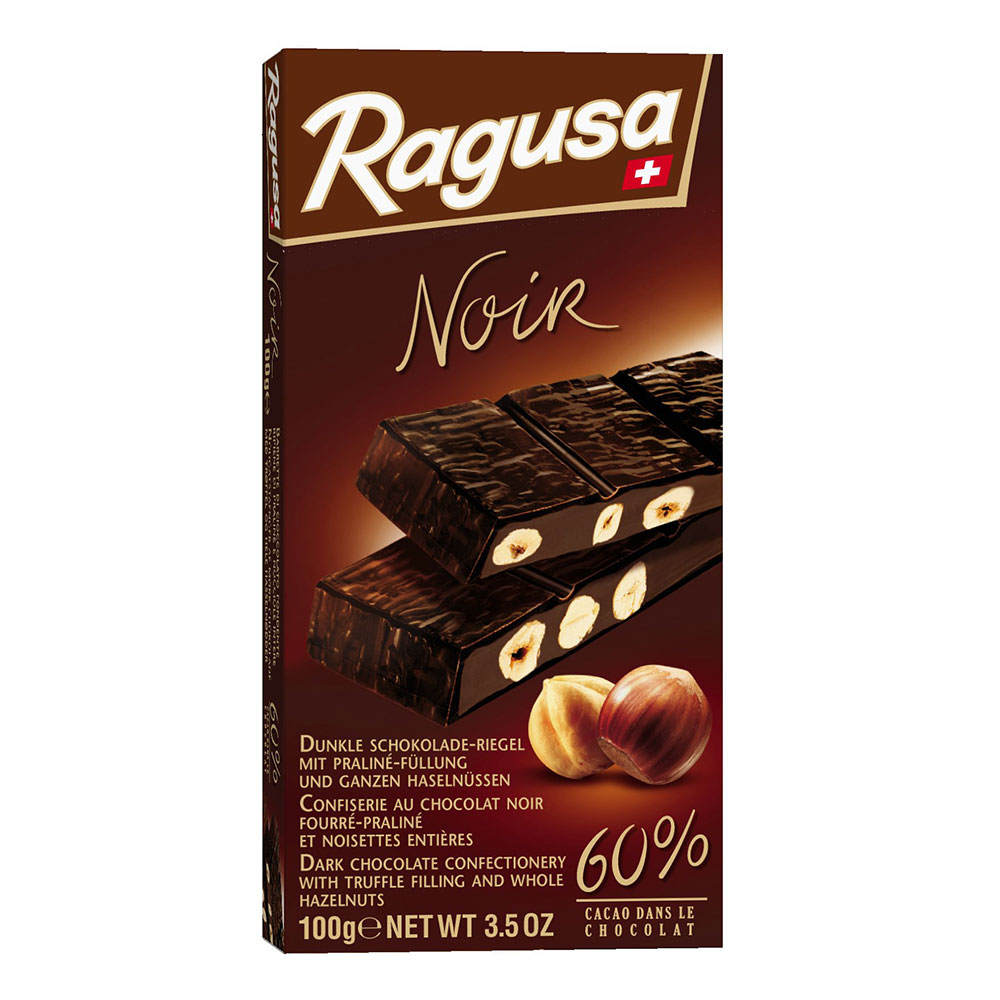 瑞士进口零食品Ragusa Noir榛子果仁夹心60%可可黑巧克力排块100g-图2