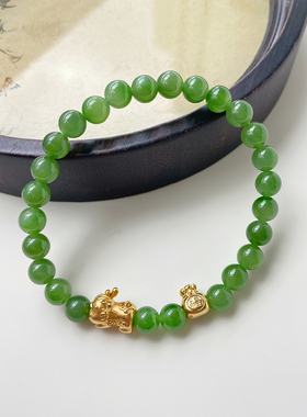 高品质天然和田玉手串碧玉手链俄料招财貔貅银镀金福袋国风礼物女