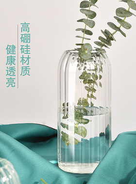 批发透明玻璃花瓶制品水培植物插花器轻奢家居客厅摆件条纹玻璃瓶