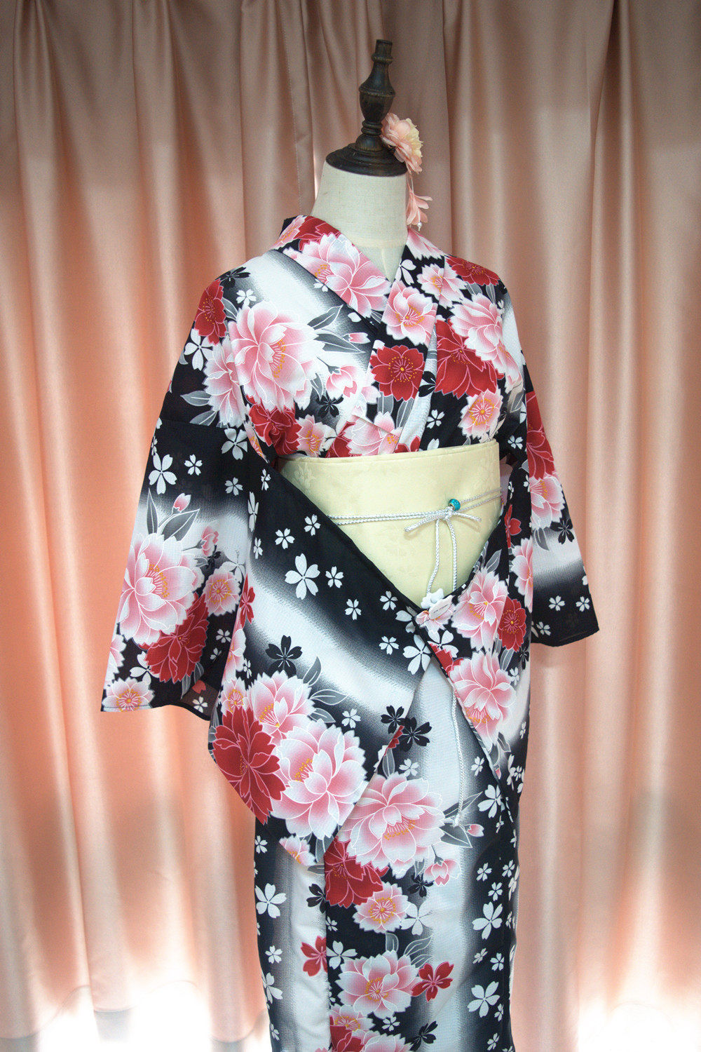 夏季浴衣传统款和服yukata出口日本少女女士旅拍红樱花昭和裙花魁