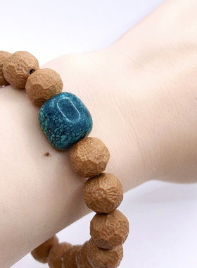 天然野生猴头雕刻无相手串原矿绿松网纹桶珠顶珠蜜蜡羽毛隔珠原创