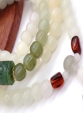 原创天然新疆和田玉老型珠项链渐变色多圈手串龙柱顶珠如意挂坠