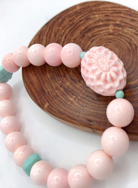 原创孤品贝贝手串格桑花雕刻顶珠高瓷绿松花朵方藏扣配珠