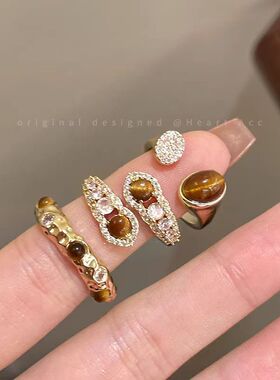 美拉德蛇形虎眼石开口戒指女独特设计感复古轻奢精致饰品食指戒指