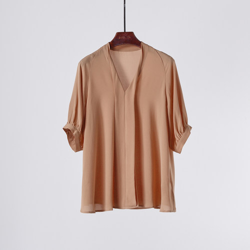 真丝鬼绉 轻盈舒适真丝v领上衣 桑蚕丝短袖T恤 - 图1
