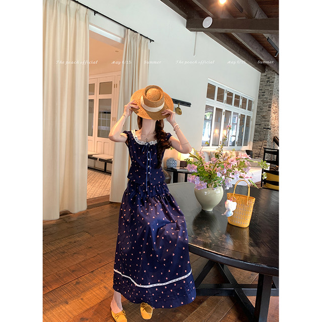 ສີກົງກັນຂ້າມແບບ retro ຝຣັ່ງ embroidered sleeveless ເທິງແລະກະໂປງ