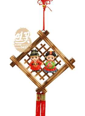 韩国传统工艺品韩食料理店挂件壁饰福娃娃小木框挂件G-G01082