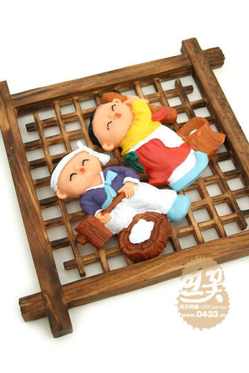 韩国传统工艺品/打糕人物大木窗框挂件/H-P03879