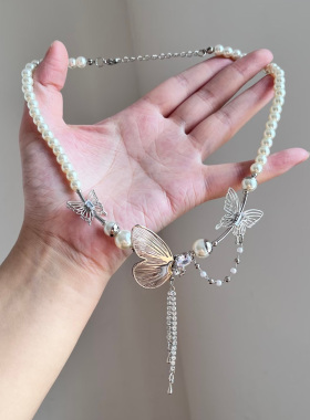 珍珠蝴蝶流苏项链女甜酷气质配饰
